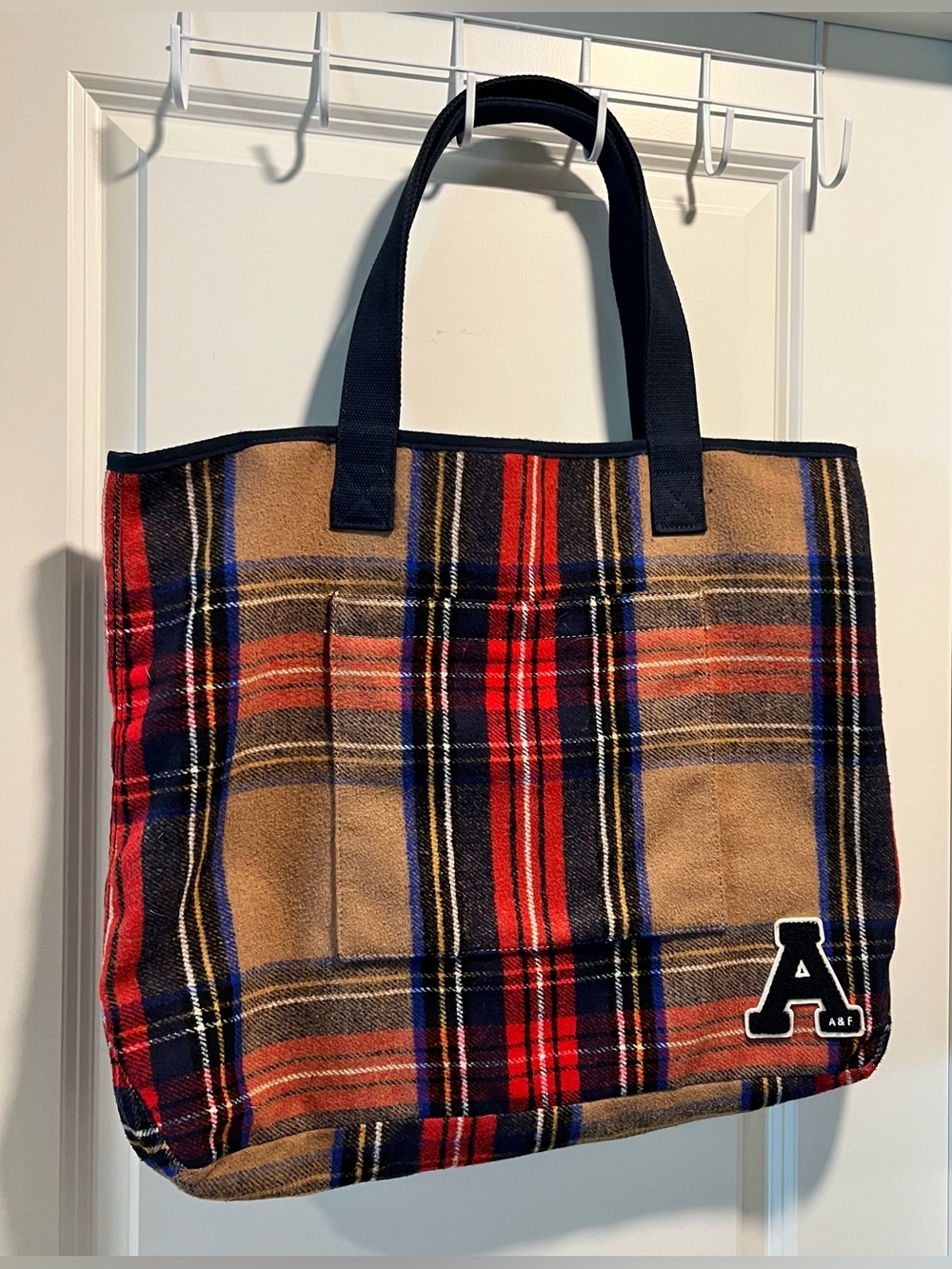 Abercrombie & Fitch Tan, Red & Navy Plaid Tote Bag - Picture 3 of 6